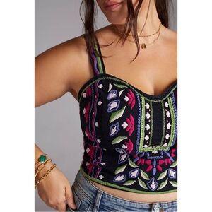 Anthropologie Embroidered Floral Knit Bustier Crop Top Size 26W Black Multicolor
